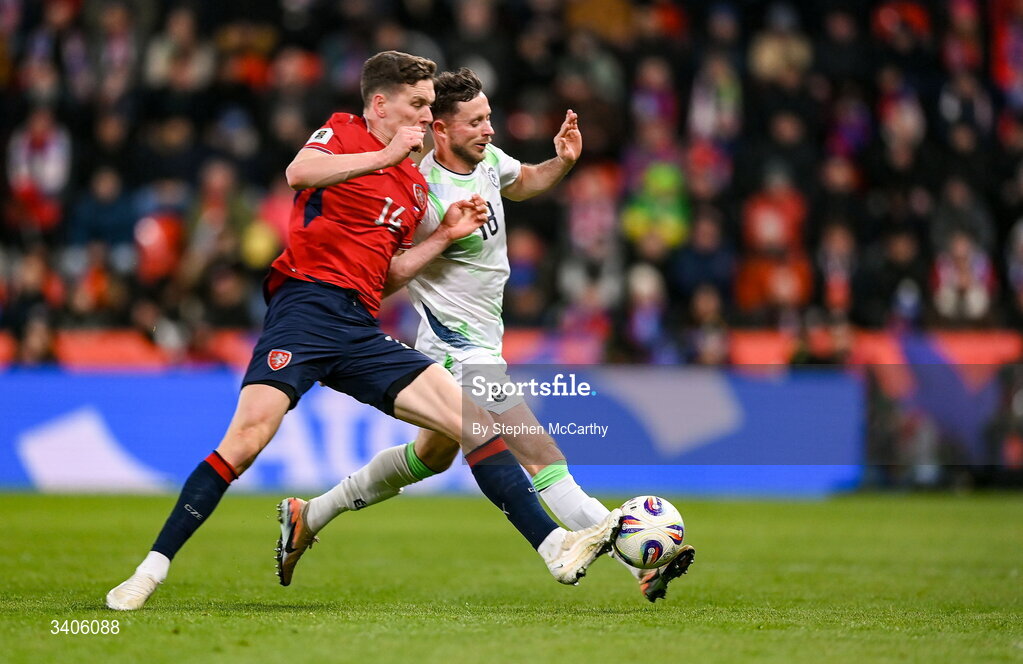 26 March 2026; Alan Browne of Republic of Ireland in action against Lukáš Provod of Czechia during the FIFA World Cup 2026 European Qualifiers play-off semi-final match between Czechia and Republic of Ireland at Fortuna Arena in Prague, Czechia. Photo by Stephen McCarthy/Sportsfile