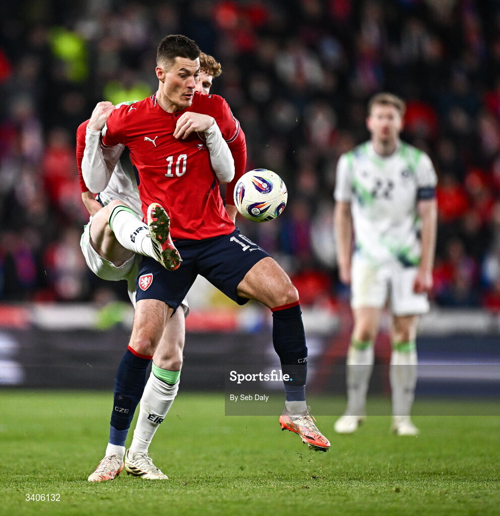 26 March 2026; Patrik Schick of Czechia in action against Jake O'Brien of Republic of Ireland during the FIFA World Cup 2026 European Qualifiers play-off semi-final match between Czechia and Republic of Ireland at Fortuna Arena in Prague, Czechia. Photo by Seb Daly/Sportsfile