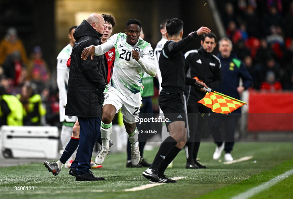 26 March 2026; Chiedozie Ogbene of Republic of Ireland during the FIFA World Cup 2026 European Qualifiers play-off semi-final match between Czechia and Republic of Ireland at Fortuna Arena in Prague, Czechia. Photo by Seb Daly/Sportsfile