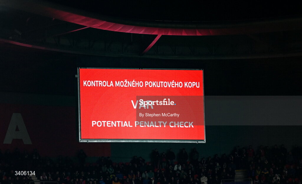 26 March 2026; A general view of the big screen during the FIFA World Cup 2026 European Qualifiers play-off semi-final match between Czechia and Republic of Ireland at Fortuna Arena in Prague, Czechia. Photo by Stephen McCarthy/Sportsfile