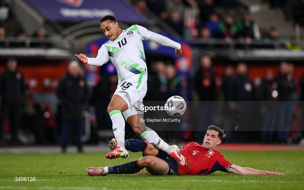 26 March 2026; Adam Idah of Republic of Ireland is tackled by Robin Hranác of Czechia during the FIFA World Cup 2026 European Qualifiers play-off semi-final match between Czechia and Republic of Ireland at Fortuna Arena in Prague, Czechia. Photo by Stephen McCarthy/Sportsfile