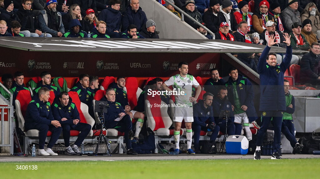 26 March 2026; Seamus Coleman of Republic of Ireland, 2, watches on during the FIFA World Cup 2026 European Qualifiers play-off semi-final match between Czechia and Republic of Ireland at Fortuna Arena in Prague, Czechia. Photo by Stephen McCarthy/Sportsfile