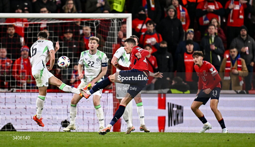 26 March 2026; Patrik Schick of Czechia has a shot on goal blocked by Jayson Molumby of Republic of Ireland during the FIFA World Cup 2026 European Qualifiers play-off semi-final match between Czechia and Republic of Ireland at Fortuna Arena in Prague, Czechia. Photo by Seb Daly/Sportsfile