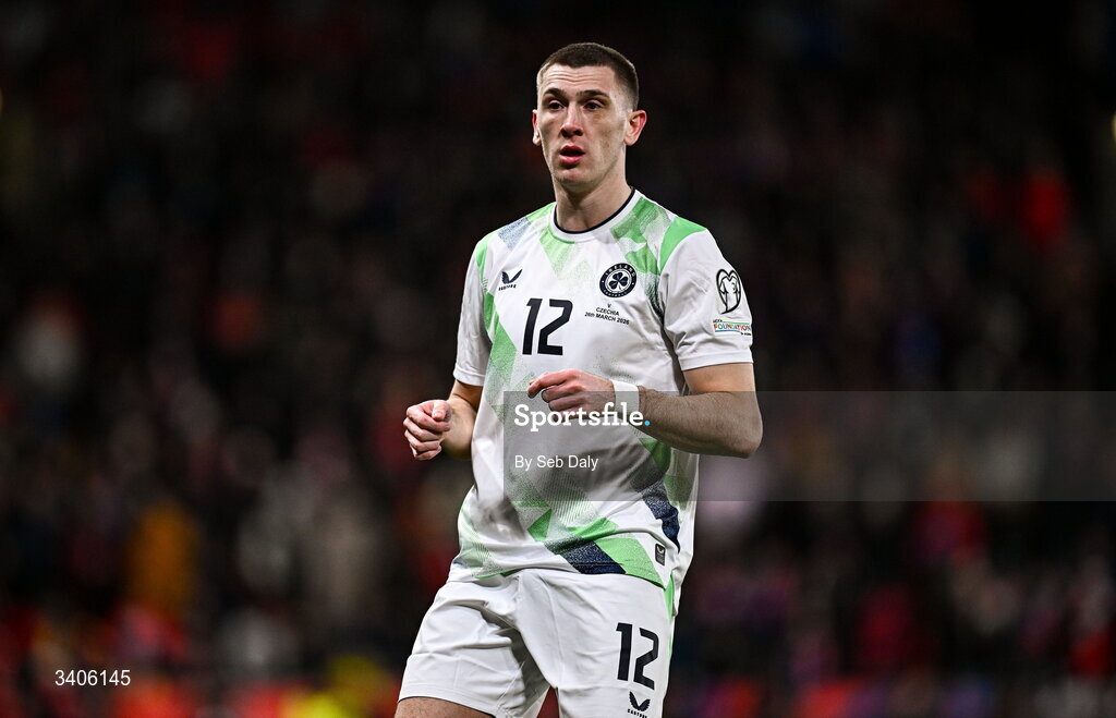 26 March 2026; Jimmy Dunne of Republic of Ireland during the FIFA World Cup 2026 European Qualifiers play-off semi-final match between Czechia and Republic of Ireland at Fortuna Arena in Prague, Czechia. Photo by Seb Daly/Sportsfile
