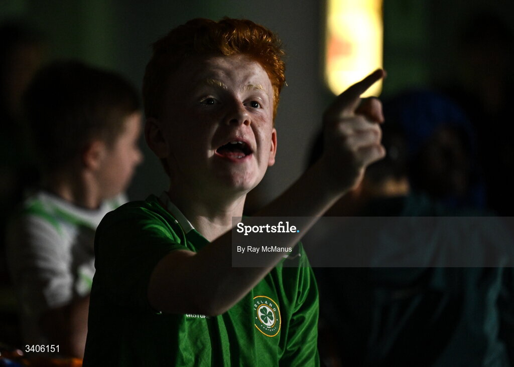 26 March 2026; Republic of Ireland supporter Cameron Kinsella reacts as he watches the FIFA World Cup 2026 European Qualifiers play-off semi-final match between Czechia and Republic of Ireland at Fortuna Arena in Prague, Czechia, on a giant screen in O'Connell Secondary School, North Circular Road in Dublin. Photo by Ray McManus/Sportsfile