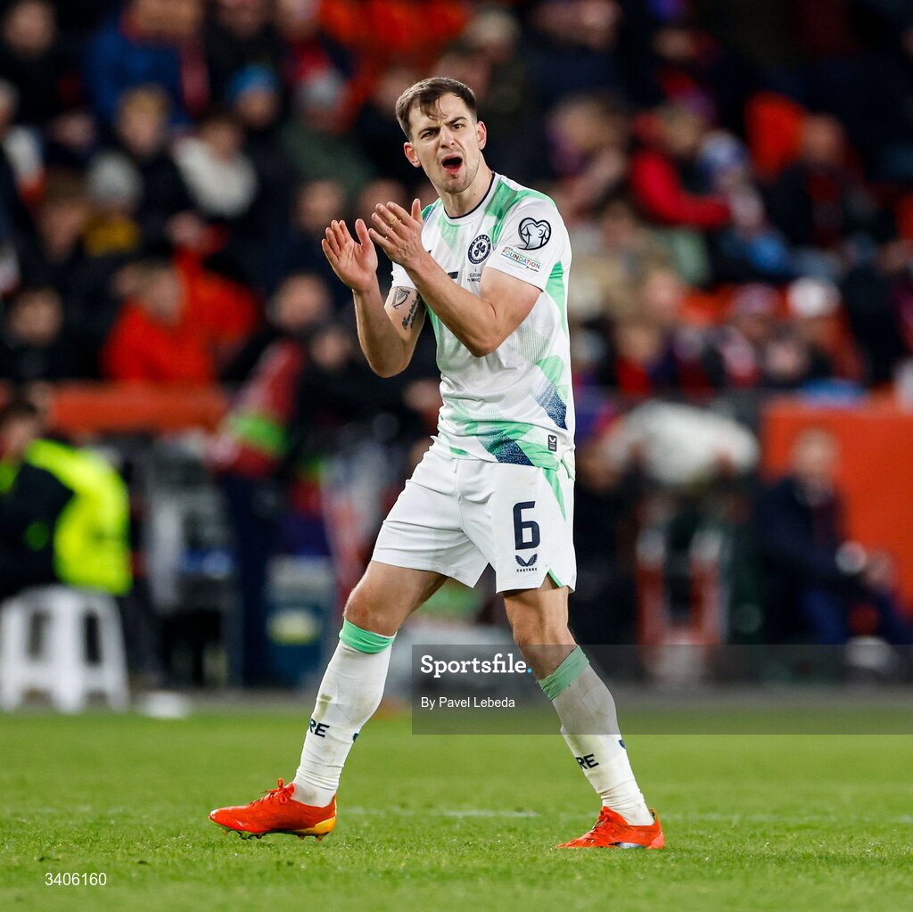 26 March 2026; Jayson Molumby of Republic of Ireland encourages Republic of Ireland supporters during the FIFA World Cup 2026 European Qualifiers play-off semi-final match between Czechia and Republic of Ireland at Fortuna Arena in Prague, Czechia. Photo by Pavel Lebeda/Sportsfile