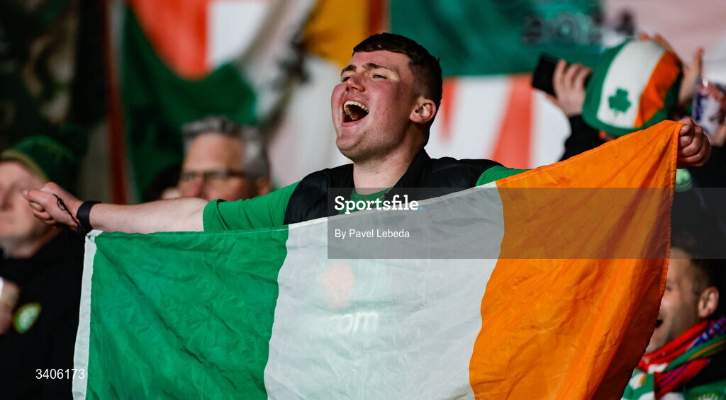 26 March 2026; A Republic of Ireland supporter during the FIFA World Cup 2026 European Qualifiers play-off semi-final match between Czechia and Republic of Ireland at Fortuna Arena in Prague, Czechia. Photo by Pavel Lebeda/Sportsfile