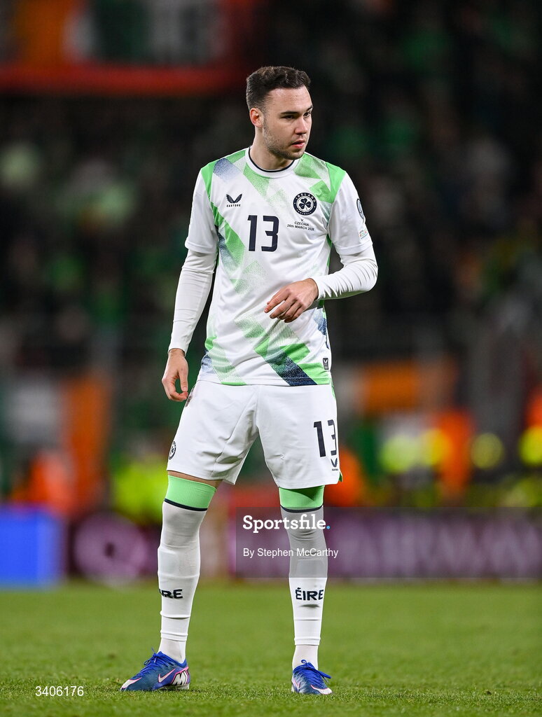 26 March 2026; Harvey Vale of Republic of Ireland during the FIFA World Cup 2026 European Qualifiers play-off semi-final match between Czechia and Republic of Ireland at Fortuna Arena in Prague, Czechia. Photo by Stephen McCarthy/Sportsfile
