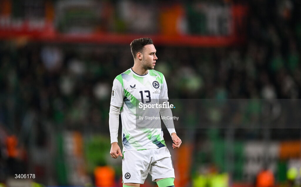 26 March 2026; Harvey Vale of Republic of Ireland during the FIFA World Cup 2026 European Qualifiers play-off semi-final match between Czechia and Republic of Ireland at Fortuna Arena in Prague, Czechia. Photo by Stephen McCarthy/Sportsfile