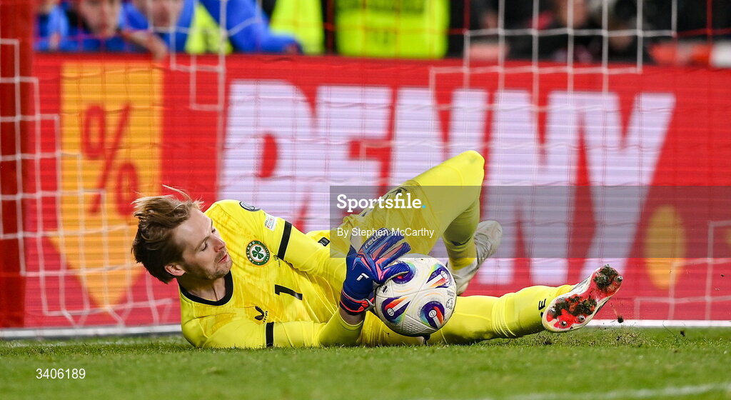 26 March 2026; Republic of Ireland goalkeeper Caoimhin Kelleher saves the penalty of Mojmír Chytil of Czechia in the penalty shootout during the FIFA World Cup 2026 European Qualifiers play-off semi-final match between Czechia and Republic of Ireland at Fortuna Arena in Prague, Czechia. Photo by Stephen McCarthy/Sportsfile