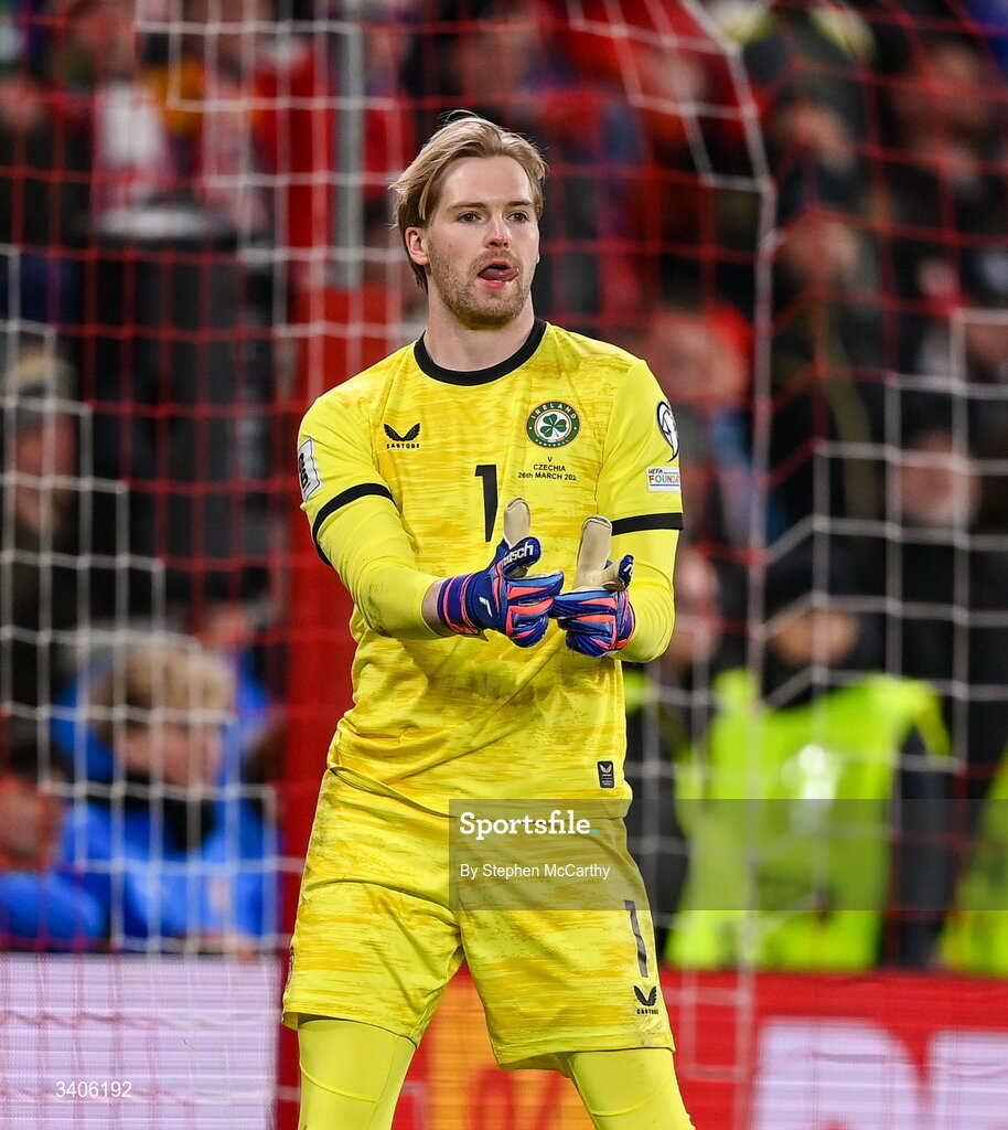 26 March 2026; Republic of Ireland goalkeeper Caoimhin Kelleher celebrates after saving a penalty in the penalty shootout during the FIFA World Cup 2026 European Qualifiers play-off semi-final match between Czechia and Republic of Ireland at Fortuna Arena in Prague, Czechia. Photo by Stephen McCarthy/Sportsfile