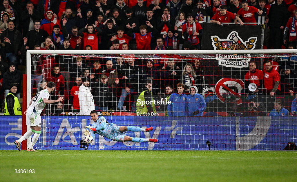 26 March 2026; Czechia goalkeeper Matej Kovár saves the penalty of Alan Browne of Republic of Ireland in the penalty shootout during the FIFA World Cup 2026 European Qualifiers play-off semi-final match between Czechia and Republic of Ireland at Fortuna Arena in Prague, Czechia. Photo by Seb Daly/Sportsfile