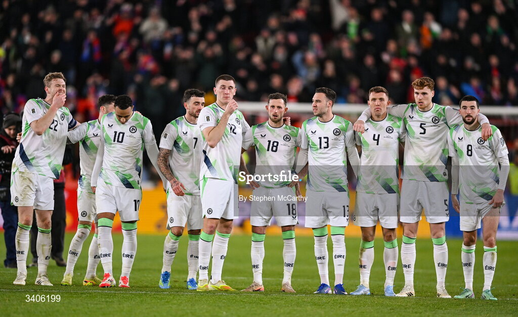 26 March 2026; Republic of Ireland players react after the FIFA World Cup 2026 European Qualifiers play-off semi-final match between Czechia and Republic of Ireland at Fortuna Arena in Prague, Czechia. Photo by Stephen McCarthy/Sportsfile