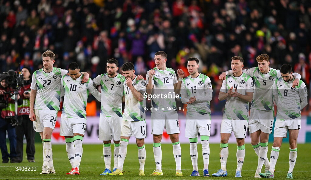 26 March 2026; Republic of Ireland players react after the FIFA World Cup 2026 European Qualifiers play-off semi-final match between Czechia and Republic of Ireland at Fortuna Arena in Prague, Czechia. Photo by Stephen McCarthy/Sportsfile