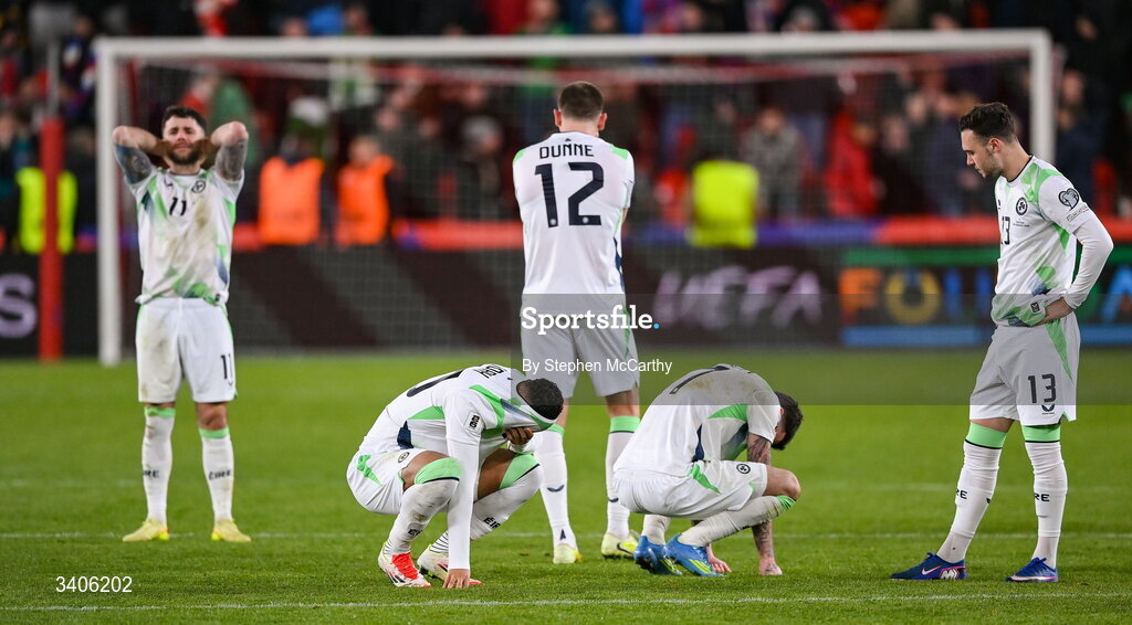 26 March 2026; Republic of Ireland players react after the FIFA World Cup 2026 European Qualifiers play-off semi-final match between Czechia and Republic of Ireland at Fortuna Arena in Prague, Czechia. Photo by Stephen McCarthy/Sportsfile