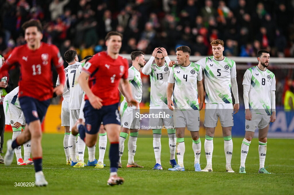 26 March 2026; Republic of Ireland players react after the FIFA World Cup 2026 European Qualifiers play-off semi-final match between Czechia and Republic of Ireland at Fortuna Arena in Prague, Czechia. Photo by Stephen McCarthy/Sportsfile