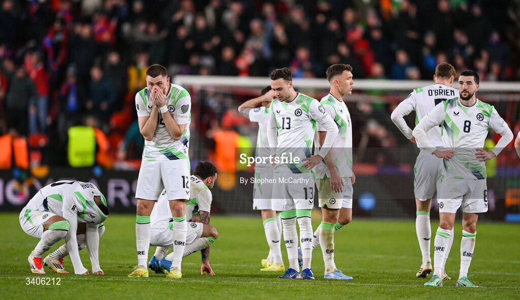 26 March 2026; Republic of Ireland players react after the FIFA World Cup 2026 European Qualifiers play-off semi-final match between Czechia and Republic of Ireland at Fortuna Arena in Prague, Czechia. Photo by Stephen McCarthy/Sportsfile
