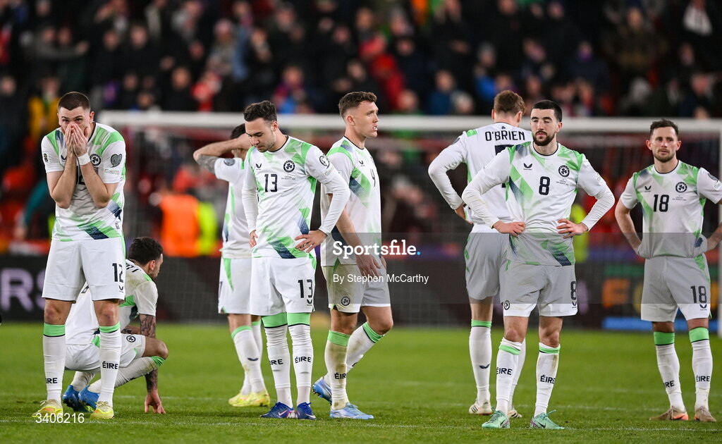 26 March 2026; Republic of Ireland players react after the FIFA World Cup 2026 European Qualifiers play-off semi-final match between Czechia and Republic of Ireland at Fortuna Arena in Prague, Czechia. Photo by Stephen McCarthy/Sportsfile