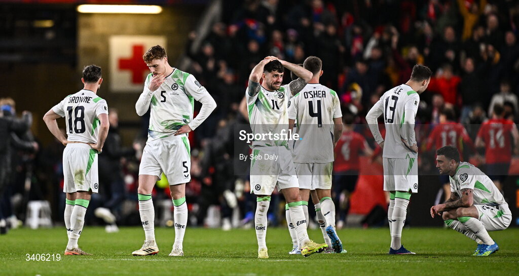 26 March 2026; Republic of Ireland players react after the FIFA World Cup 2026 European Qualifiers play-off semi-final match between Czechia and Republic of Ireland at Fortuna Arena in Prague, Czechia. Photo by Seb Daly/Sportsfile
