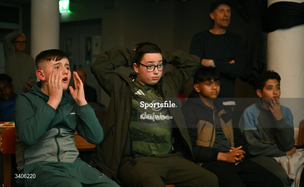 26 March 2026; Republic of Ireland supporters react as they watch the FIFA World Cup 2026 European Qualifiers play-off semi-final match between Czechia and Republic of Ireland at Fortuna Arena in Prague, Czechia, on a giant screen in O'Connell Secondary School, North Circular Road in Dublin. Photo by Ray McManus/Sportsfile