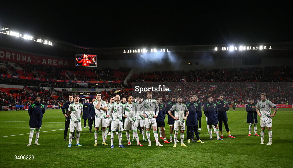 26 March 2026; Republic of Ireland players after the FIFA World Cup 2026 European Qualifiers play-off semi-final match between Czechia and Republic of Ireland at Fortuna Arena in Prague, Czechia. Photo by Seb Daly/Sportsfile
