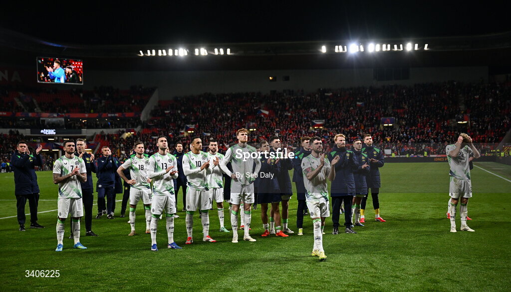 26 March 2026; Republic of Ireland players after the FIFA World Cup 2026 European Qualifiers play-off semi-final match between Czechia and Republic of Ireland at Fortuna Arena in Prague, Czechia. Photo by Seb Daly/Sportsfile
