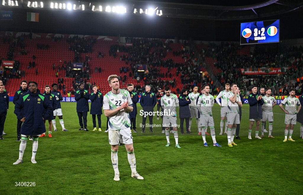 26 March 2026; Republic of Ireland players, inclduing Nathan Collins, 22, after the FIFA World Cup 2026 European Qualifiers play-off semi-final match between Czechia and Republic of Ireland at Fortuna Arena in Prague, Czechia. Photo by Stephen McCarthy/Sportsfile