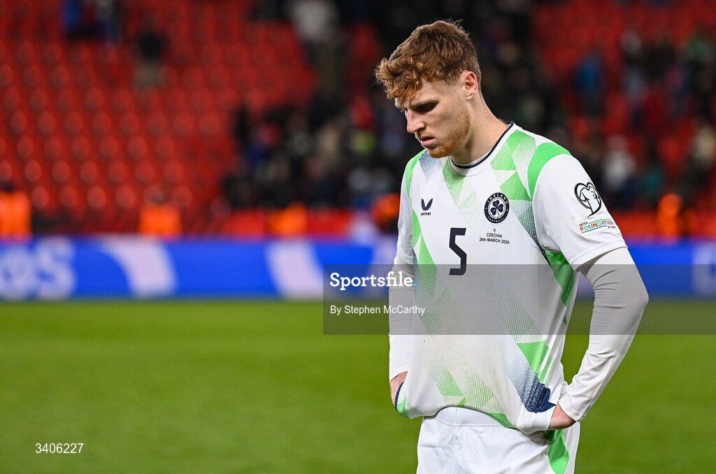 26 March 2026; Jake O'Brien of Republic of Ireland after the FIFA World Cup 2026 European Qualifiers play-off semi-final match between Czechia and Republic of Ireland at Fortuna Arena in Prague, Czechia. Photo by Stephen McCarthy/Sportsfile
