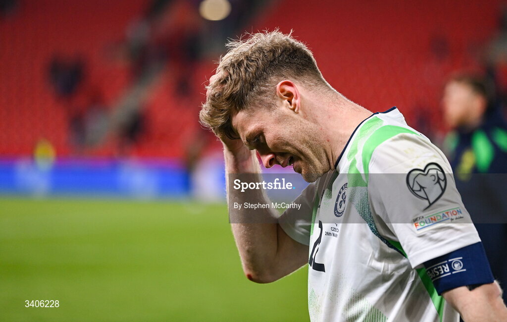 26 March 2026; Nathan Collins of Republic of Ireland after the FIFA World Cup 2026 European Qualifiers play-off semi-final match between Czechia and Republic of Ireland at Fortuna Arena in Prague, Czechia. Photo by Stephen McCarthy/Sportsfile