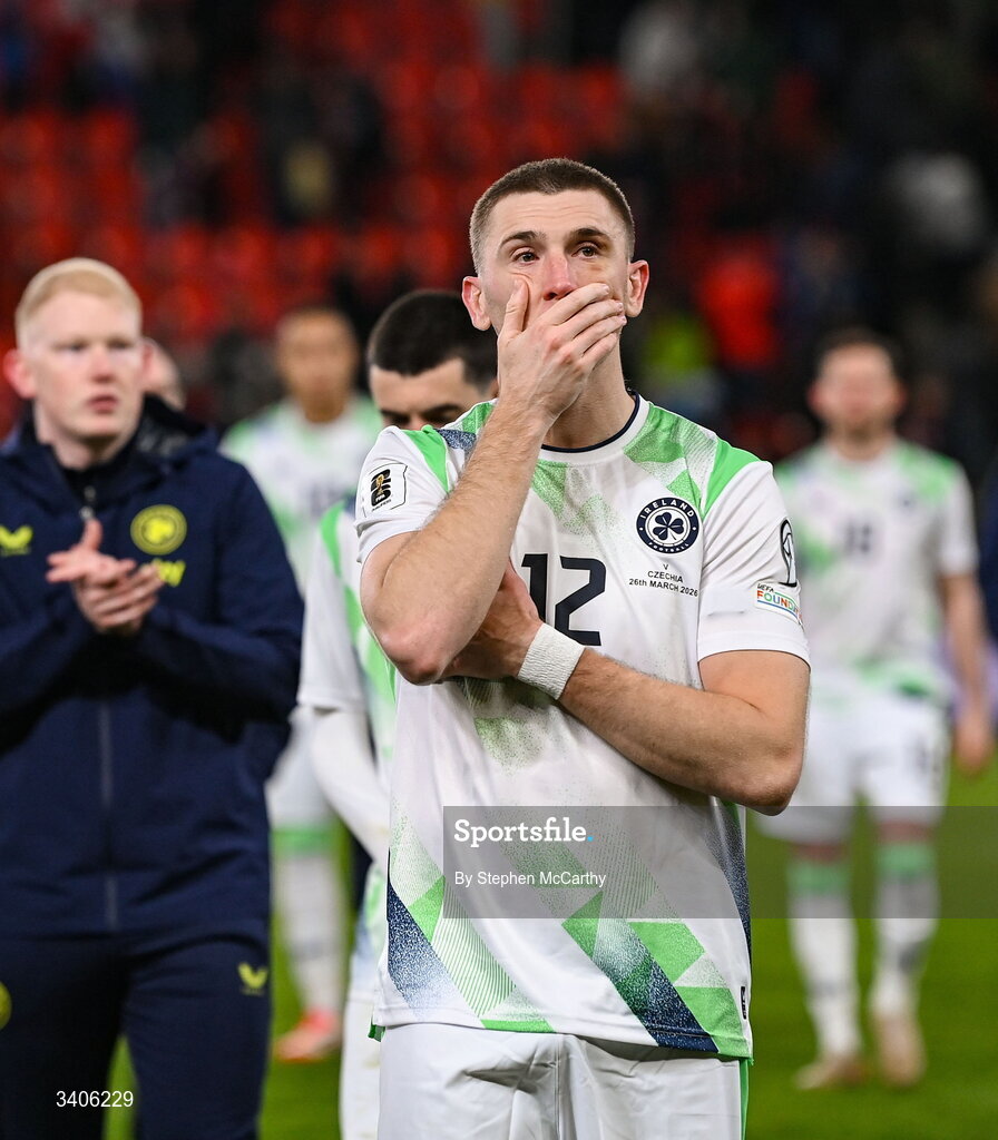 26 March 2026; Jimmy Dunne of Republic of Ireland after the FIFA World Cup 2026 European Qualifiers play-off semi-final match between Czechia and Republic of Ireland at Fortuna Arena in Prague, Czechia. Photo by Stephen McCarthy/Sportsfile