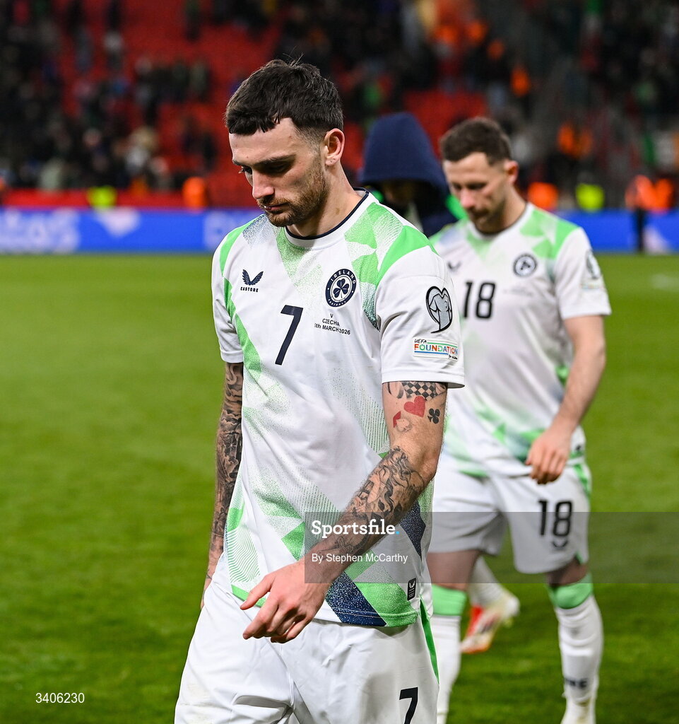 26 March 2026; Troy Parrott of Republic of Ireland after the FIFA World Cup 2026 European Qualifiers play-off semi-final match between Czechia and Republic of Ireland at Fortuna Arena in Prague, Czechia. Photo by Stephen McCarthy/Sportsfile