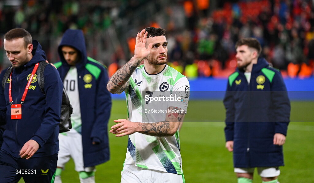 26 March 2026; Troy Parrott of Republic of Ireland after the FIFA World Cup 2026 European Qualifiers play-off semi-final match between Czechia and Republic of Ireland at Fortuna Arena in Prague, Czechia. Photo by Stephen McCarthy/Sportsfile