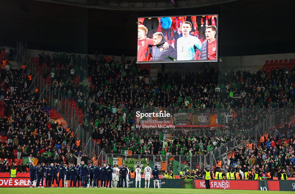 26 March 2026; Republic of Ireland supporters after the FIFA World Cup 2026 European Qualifiers play-off semi-final match between Czechia and Republic of Ireland at Fortuna Arena in Prague, Czechia. Photo by Stephen McCarthy/Sportsfile