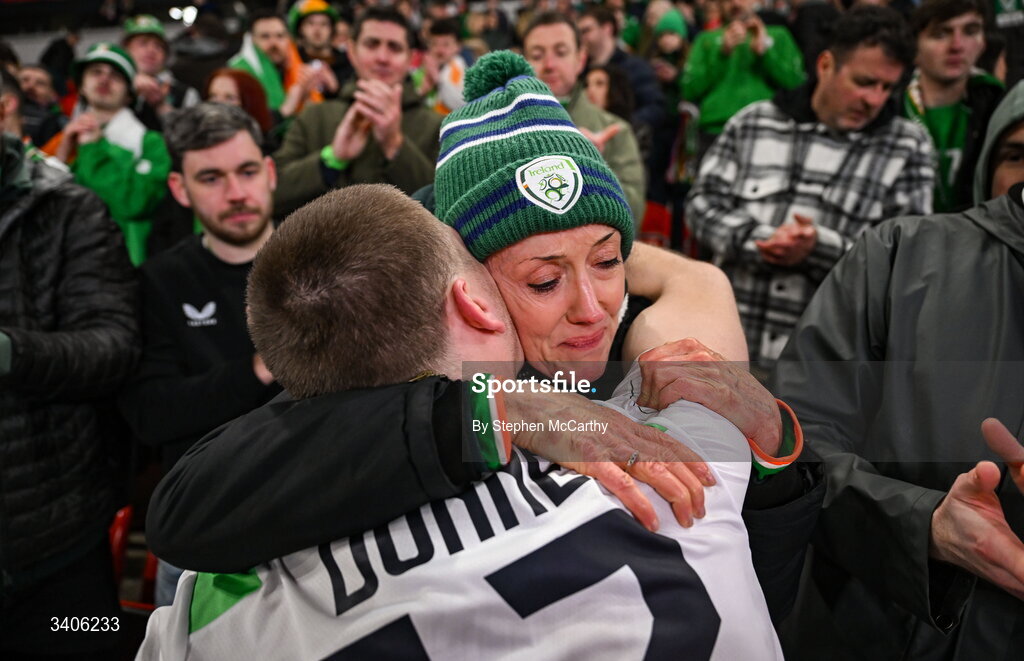26 March 2026; Jimmy Dunne of Republic of Ireland with his mother Sharon after the FIFA World Cup 2026 European Qualifiers play-off semi-final match between Czechia and Republic of Ireland at Fortuna Arena in Prague, Czechia. Photo by Stephen McCarthy/Sportsfile