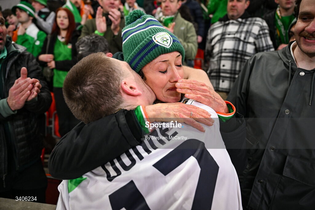 26 March 2026; Jimmy Dunne of Republic of Ireland with his mother Sharon after the FIFA World Cup 2026 European Qualifiers play-off semi-final match between Czechia and Republic of Ireland at Fortuna Arena in Prague, Czechia. Photo by Stephen McCarthy/Sportsfile