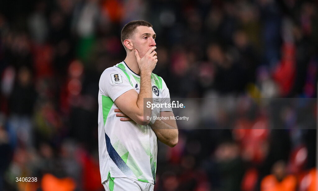 26 March 2026; Jimmy Dunne of Republic of Ireland after the FIFA World Cup 2026 European Qualifiers play-off semi-final match between Czechia and Republic of Ireland at Fortuna Arena in Prague, Czechia. Photo by Stephen McCarthy/Sportsfile