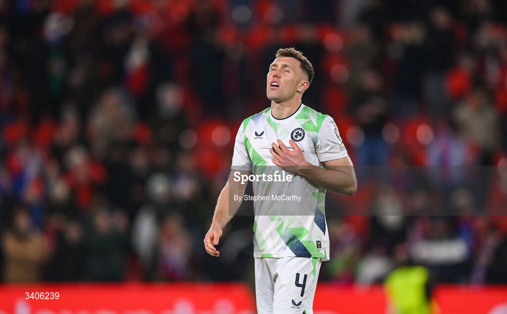 26 March 2026; Dara O'Shea of Republic of Ireland after the FIFA World Cup 2026 European Qualifiers play-off semi-final match between Czechia and Republic of Ireland at Fortuna Arena in Prague, Czechia. Photo by Stephen McCarthy/Sportsfile