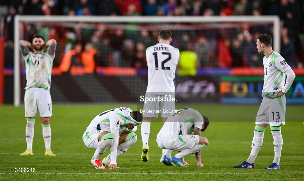 26 March 2026; Republic of Ireland players after the FIFA World Cup 2026 European Qualifiers play-off semi-final match between Czechia and Republic of Ireland at Fortuna Arena in Prague, Czechia. Photo by Stephen McCarthy/Sportsfile
