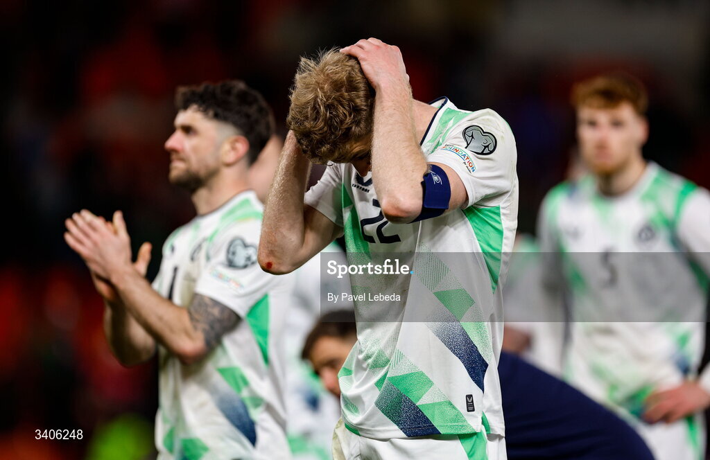 26 March 2026; Nathan Collins of Republic of Ireland after the FIFA World Cup 2026 European Qualifiers play-off semi-final match between Czechia and Republic of Ireland at Fortuna Arena in Prague, Czechia. Photo by Pavel Lebeda/Sportsfile