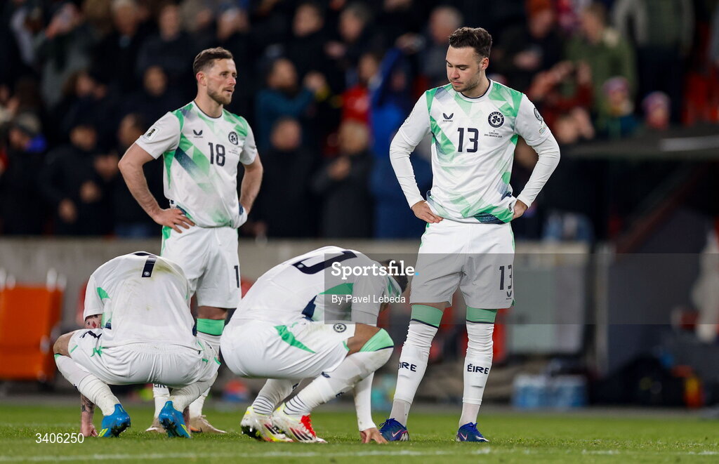 26 March 2026; Harvey Vale of Republic of Ireland, 13, after the FIFA World Cup 2026 European Qualifiers play-off semi-final match between Czechia and Republic of Ireland at Fortuna Arena in Prague, Czechia. Photo by Pavel Lebeda/Sportsfile