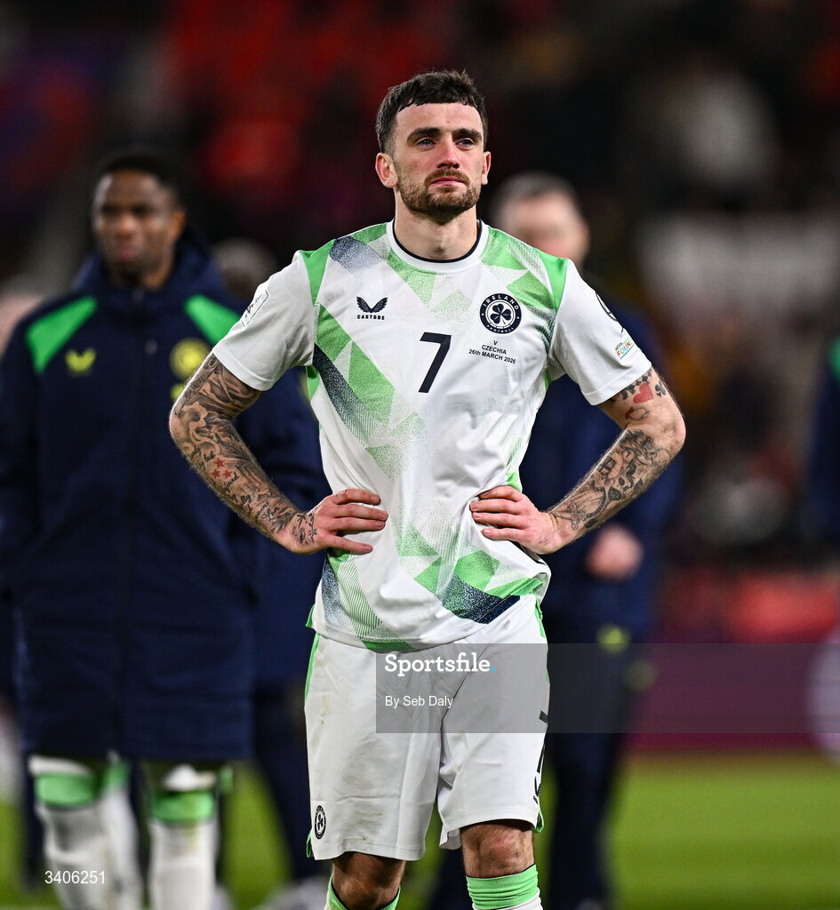 26 March 2026; Troy Parrott of Republic of Ireland after the FIFA World Cup 2026 European Qualifiers play-off semi-final match between Czechia and Republic of Ireland at Fortuna Arena in Prague, Czechia. Photo by Seb Daly/Sportsfile
