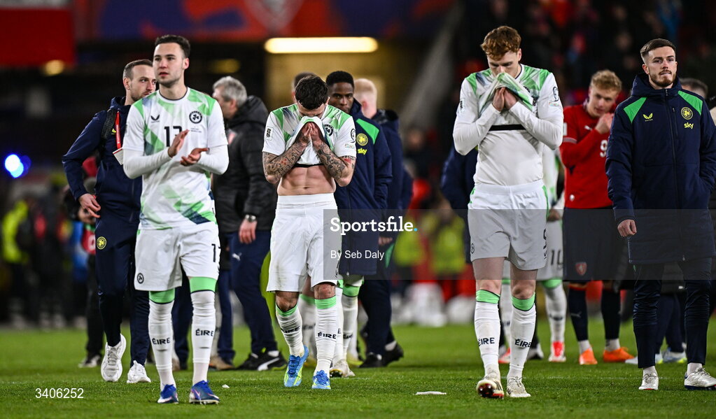 26 March 2026; Republic of Ireland players after the FIFA World Cup 2026 European Qualifiers play-off semi-final match between Czechia and Republic of Ireland at Fortuna Arena in Prague, Czechia. Photo by Seb Daly/Sportsfile