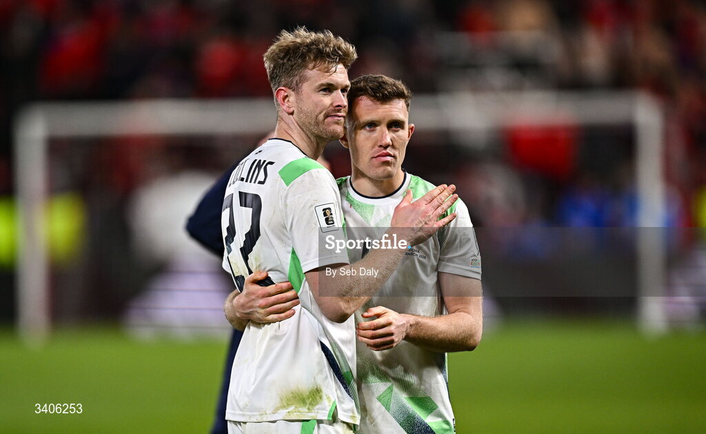 26 March 2026; Nathan Collins, left, and Dara O'Shea of Republic of Ireland after the FIFA World Cup 2026 European Qualifiers play-off semi-final match between Czechia and Republic of Ireland at Fortuna Arena in Prague, Czechia. Photo by Seb Daly/Sportsfile