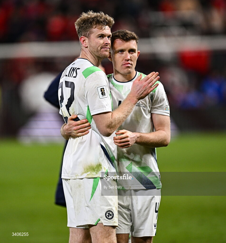 26 March 2026; Nathan Collins, left, and Dara O'Shea of Republic of Ireland after the FIFA World Cup 2026 European Qualifiers play-off semi-final match between Czechia and Republic of Ireland at Fortuna Arena in Prague, Czechia. Photo by Seb Daly/Sportsfile