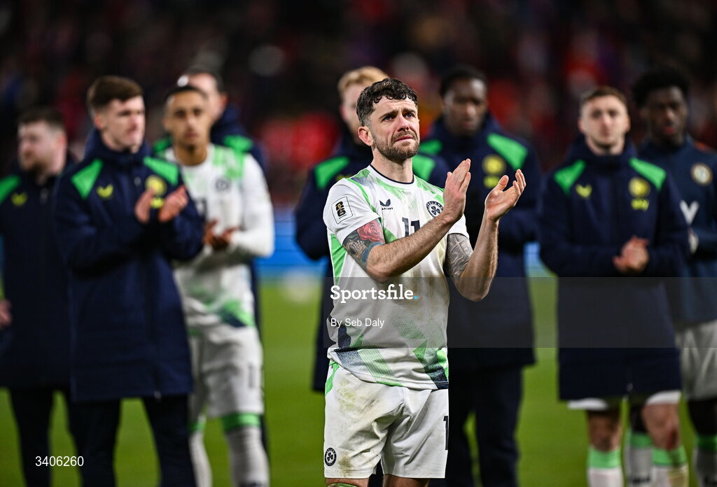 26 March 2026; Robbie Brady of Republic of Ireland after the FIFA World Cup 2026 European Qualifiers play-off semi-final match between Czechia and Republic of Ireland at Fortuna Arena in Prague, Czechia. Photo by Seb Daly/Sportsfile