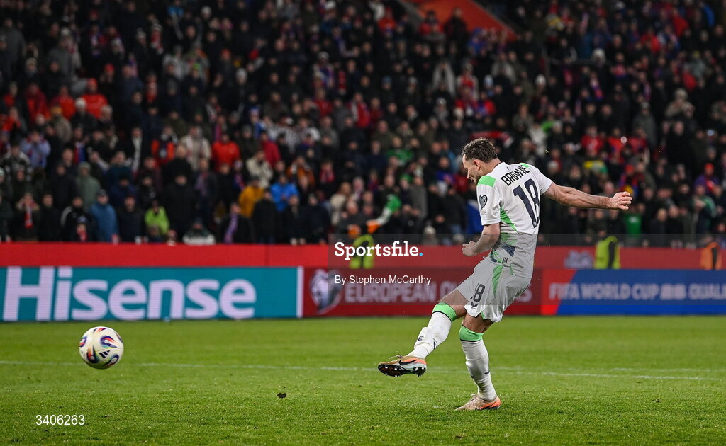 26 March 2026; Alan Browne of Republic of Ireland misses a penalty in the penalty shootout during the FIFA World Cup 2026 European Qualifiers play-off semi-final match between Czechia and Republic of Ireland at Fortuna Arena in Prague, Czechia. Photo by Stephen McCarthy/Sportsfile