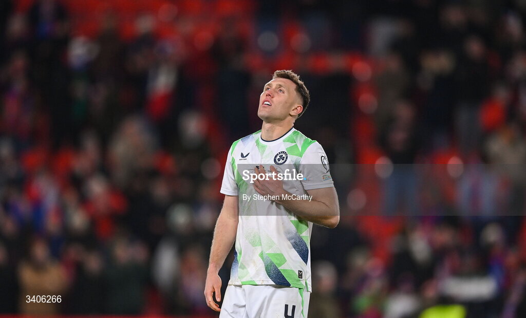 26 March 2026; Dara O'Shea of Republic of Ireland after the FIFA World Cup 2026 European Qualifiers play-off semi-final match between Czechia and Republic of Ireland at Fortuna Arena in Prague, Czechia. Photo by Stephen McCarthy/Sportsfile