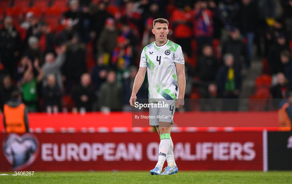 26 March 2026; Dara O'Shea of Republic of Ireland after the FIFA World Cup 2026 European Qualifiers play-off semi-final match between Czechia and Republic of Ireland at Fortuna Arena in Prague, Czechia. Photo by Stephen McCarthy/Sportsfile