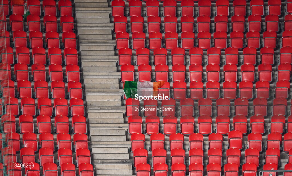26 March 2026; A Republic of Ireland flag after the FIFA World Cup 2026 European Qualifiers play-off semi-final match between Czechia and Republic of Ireland at Fortuna Arena in Prague, Czechia. Photo by Stephen McCarthy/Sportsfile