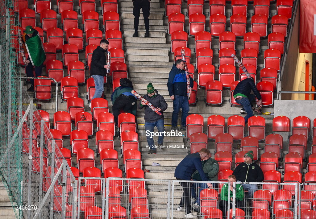 26 March 2026; Republic of Ireland supporters after the FIFA World Cup 2026 European Qualifiers play-off semi-final match between Czechia and Republic of Ireland at Fortuna Arena in Prague, Czechia. Photo by Stephen McCarthy/Sportsfile